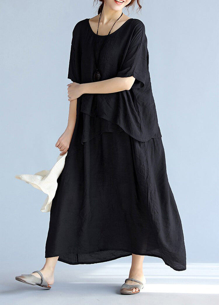 Robe Longue Femme Maxi en Lin à Manches Courtes pour l'Été 1