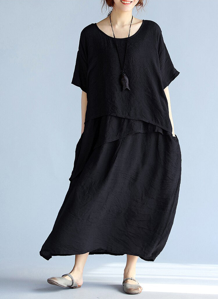 Robe Longue Femme Maxi en Lin à Manches Courtes pour l'Été 2