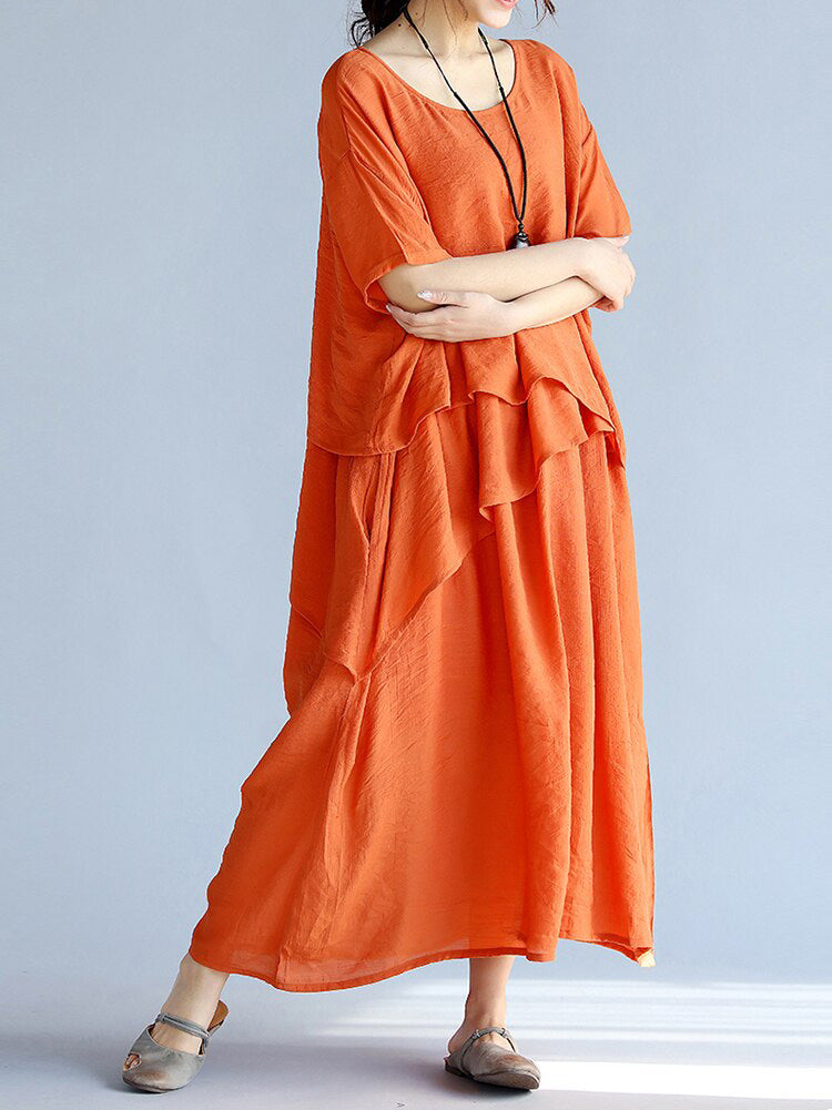 Robe Longue Femme Maxi en Lin à Manches Courtes pour l'Été 4