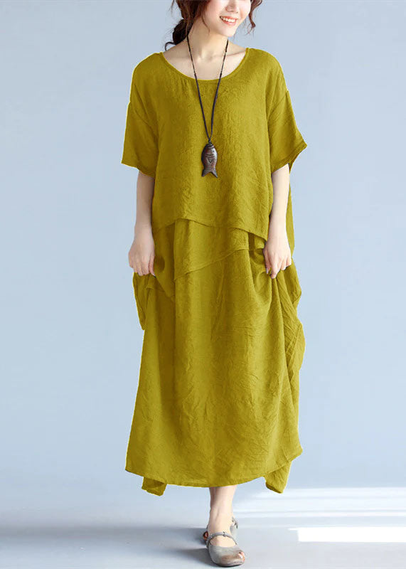 Robe Longue Femme Maxi en Lin à Manches Courtes pour l'Été 9