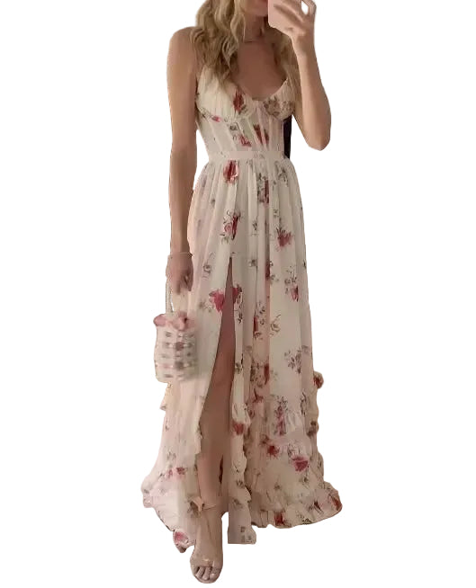 Robe Longue Fendue Fleurie pour Femmes 0