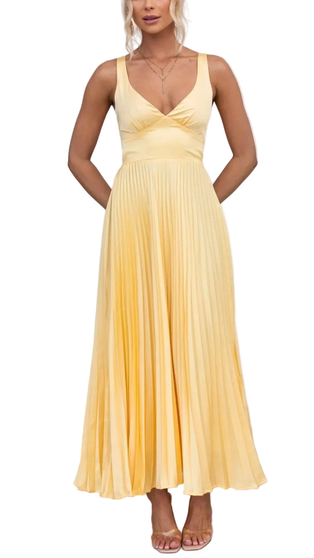 Robe Longue Plissée Jaune à Col en V pour Femmes 1
