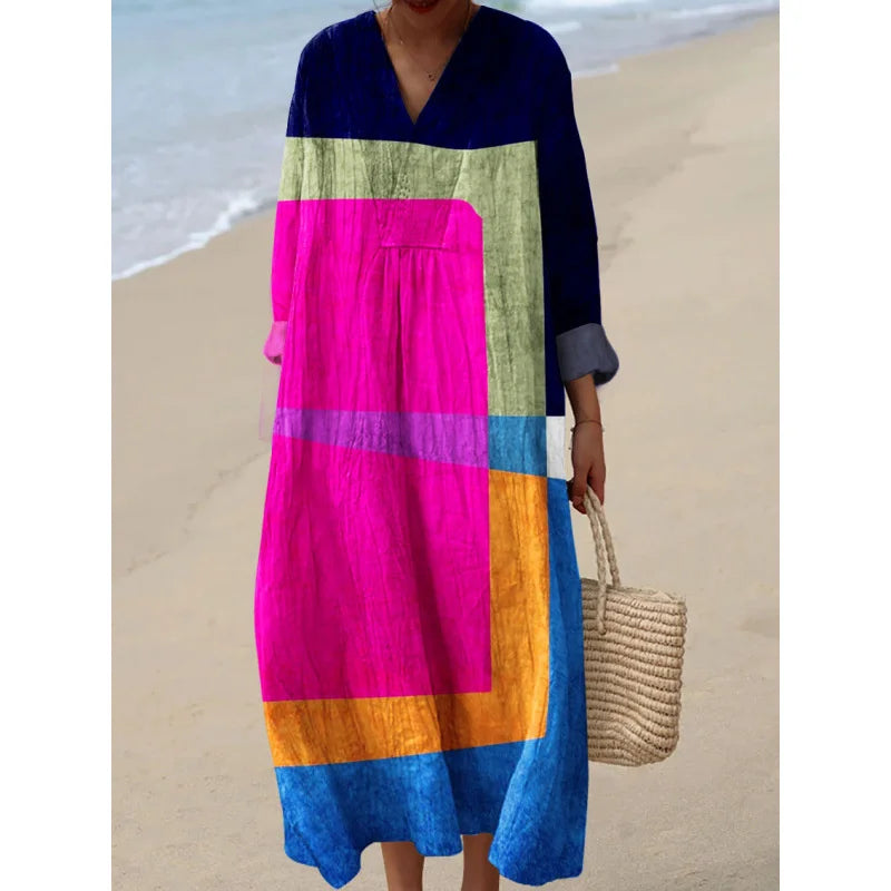 Robe Longue à Manches Longues pour Femme en V-Cou à Blocs de Couleurs 12