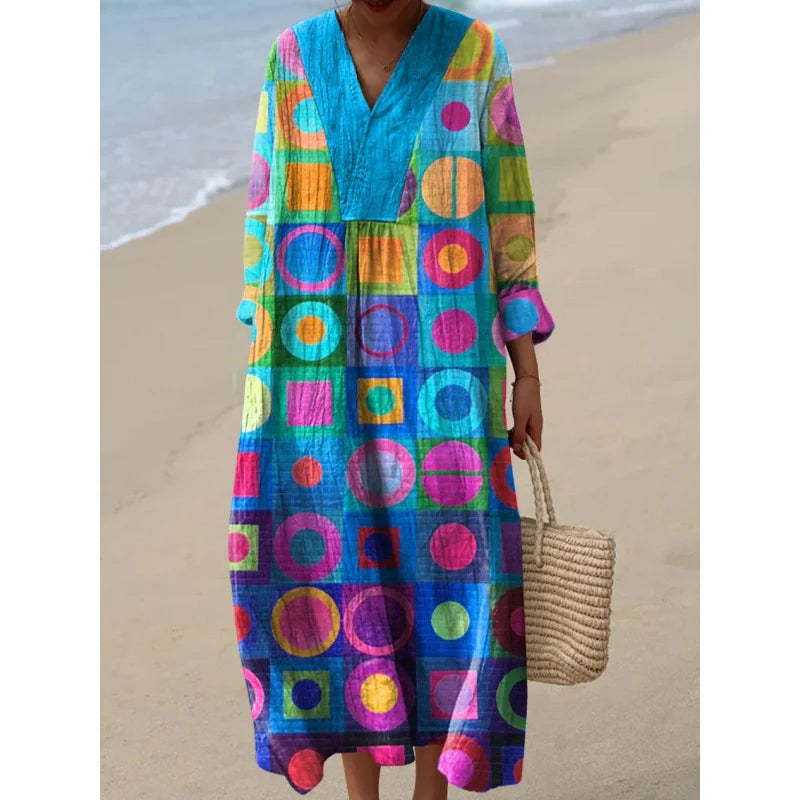 Robe Longue à Manches Longues pour Femme en V-Cou à Blocs de Couleurs 13