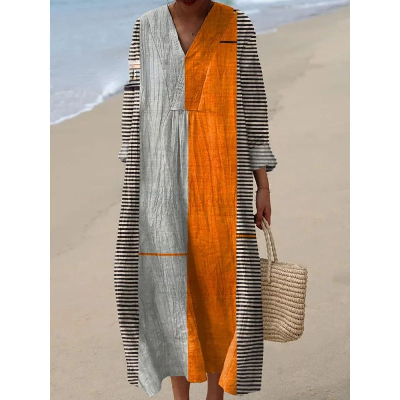 Robe Longue à Manches Longues pour Femme en V-Cou à Blocs de Couleurs 17