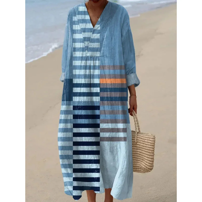 Robe Longue à Manches Longues pour Femme en V-Cou à Blocs de Couleurs 24