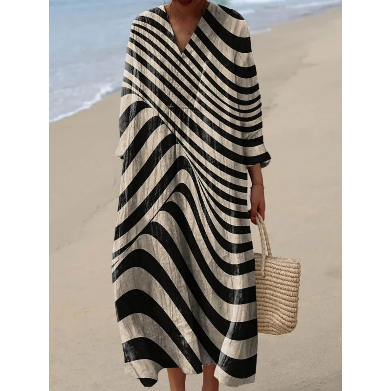 Robe Longue à Manches Longues pour Femme en V-Cou à Blocs de Couleurs 25