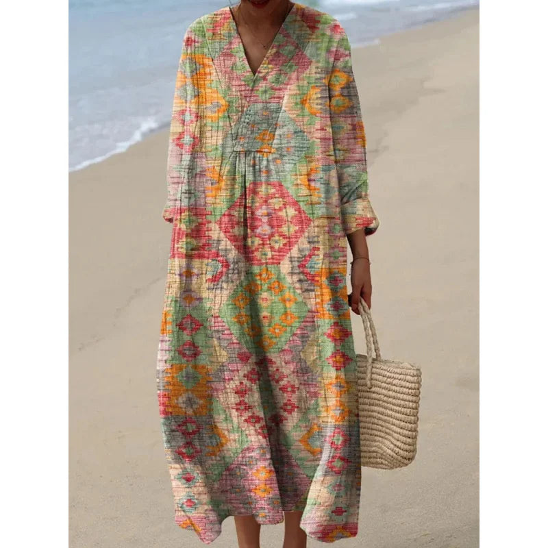 Robe Longue à Manches Longues pour Femme en V-Cou à Blocs de Couleurs 29