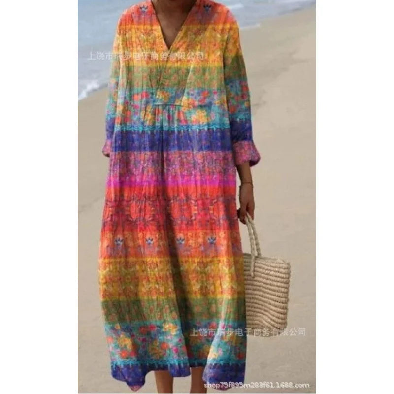 Robe Longue à Manches Longues pour Femme en V-Cou à Blocs de Couleurs 6