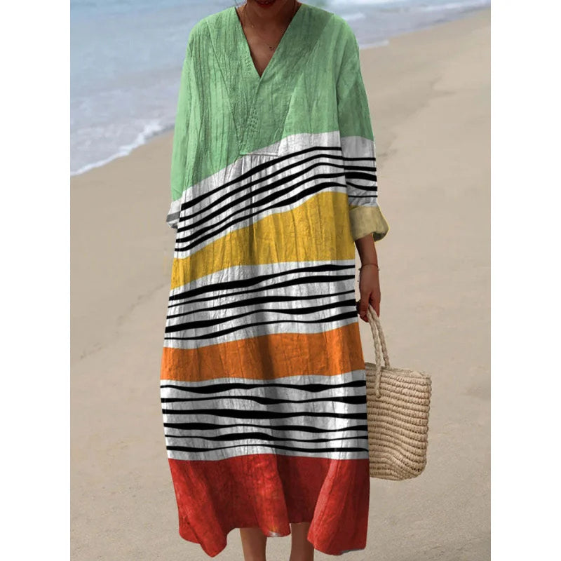 Robe Longue à Manches Longues pour Femme en V-Cou à Blocs de Couleurs 8