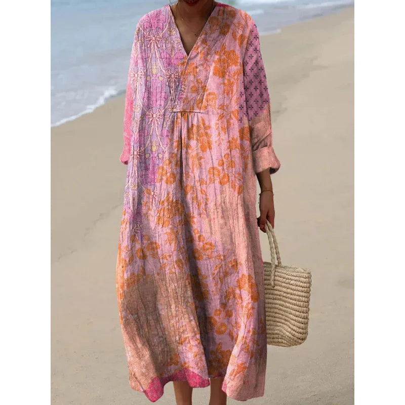 Robe Longue à Manches Longues pour Femme en V-Cou à Blocs de Couleurs 9