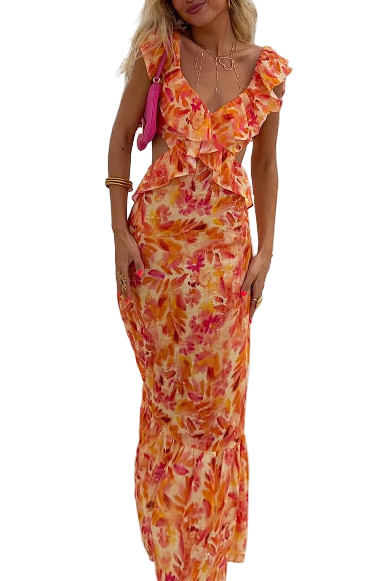 Robe Longue d'Été Femme à Bretelles Volantes 0