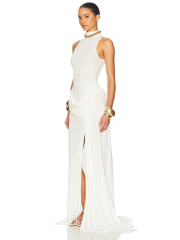 Robe Maxi Femme Col Roulé Épaules Dénudées Fendue 3