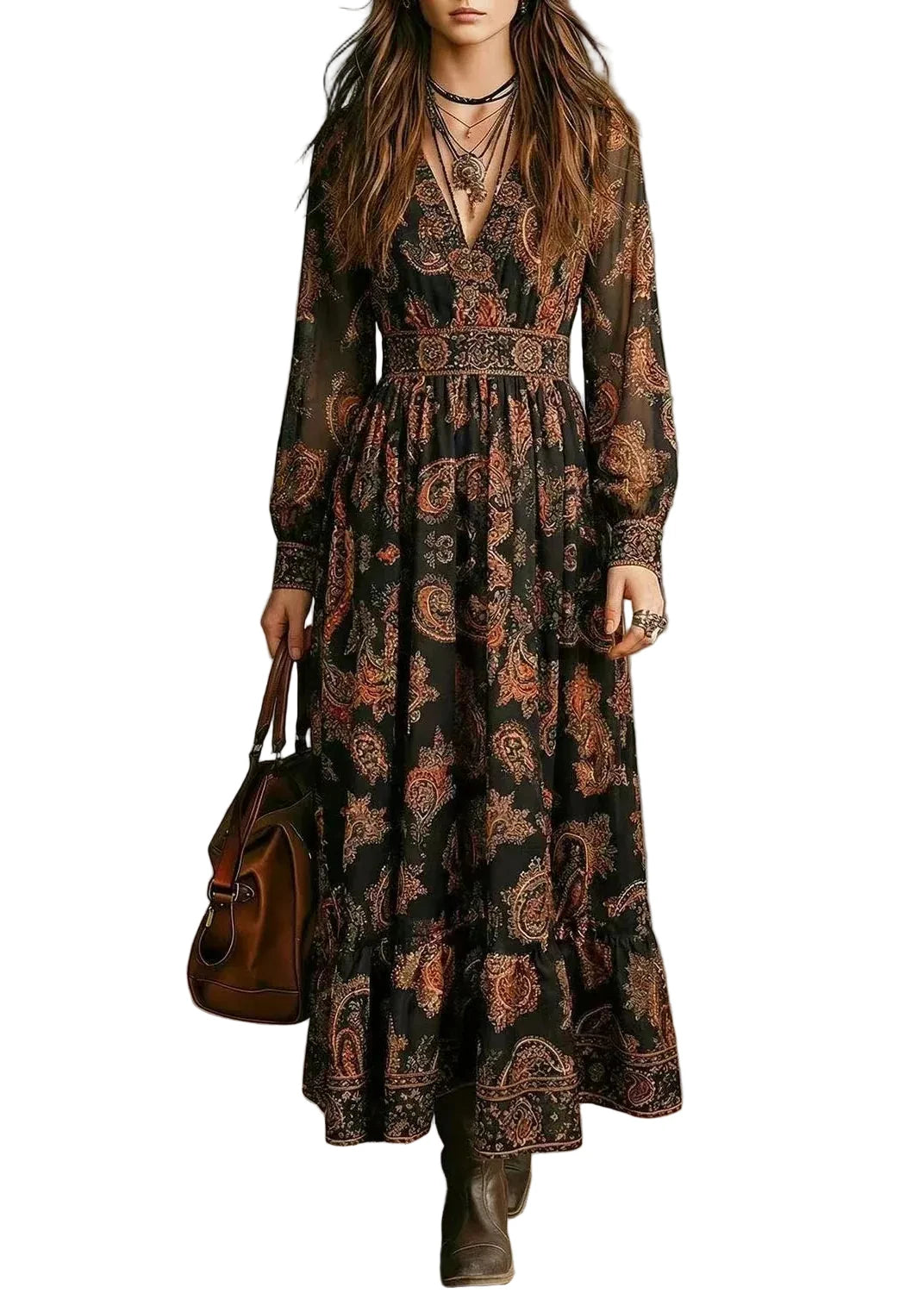 Robe Maxi Femme Col V Imprimé Vacances Automne 0