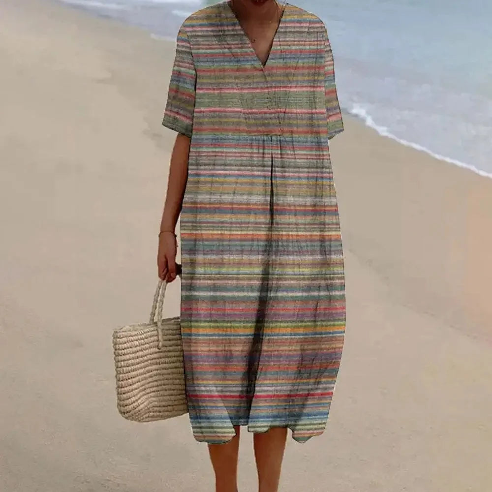 Robe Maxi Femme à Manches Courtes en Polyester à Rayures 15