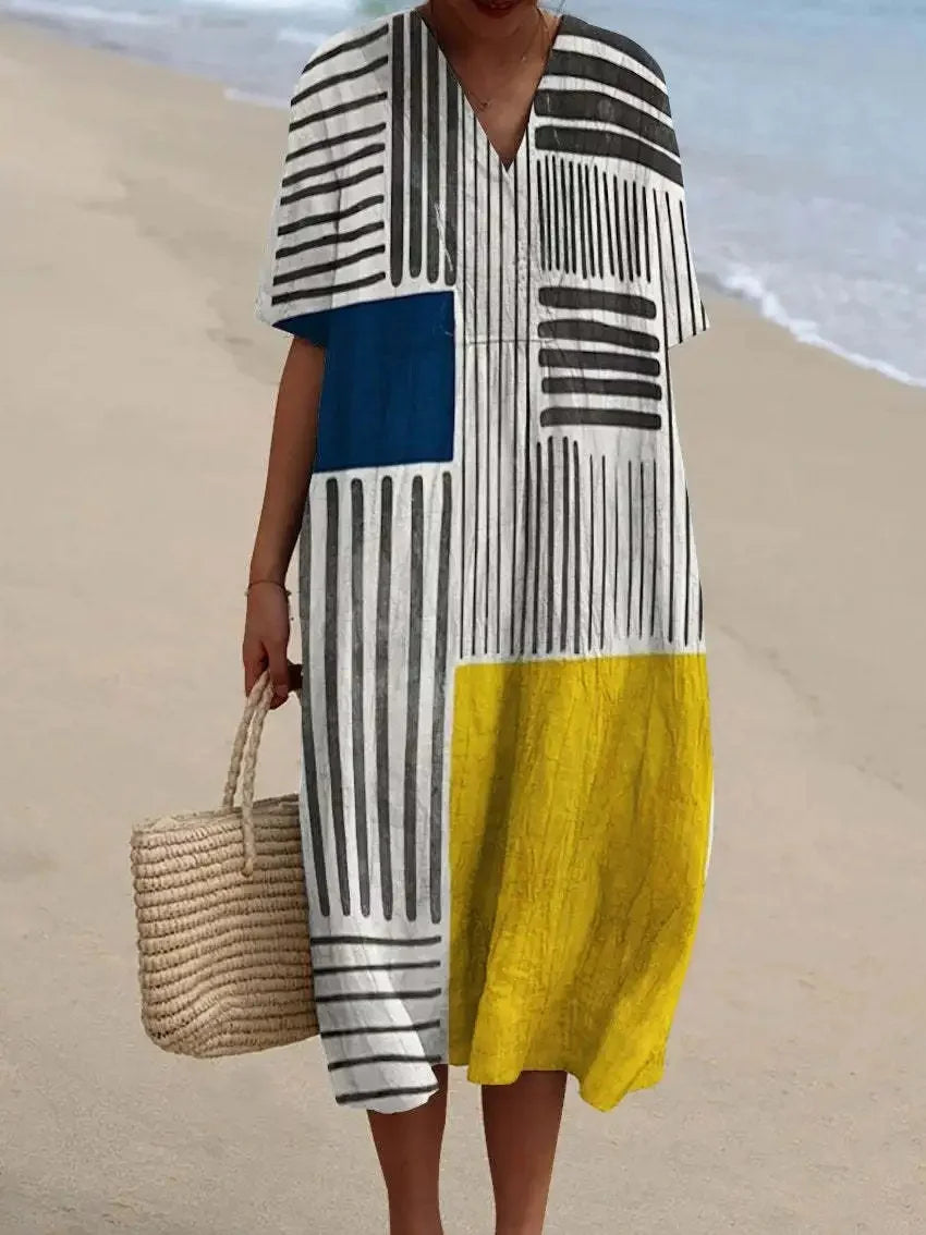 Robe Maxi Femme à Manches Courtes en Polyester à Rayures 7