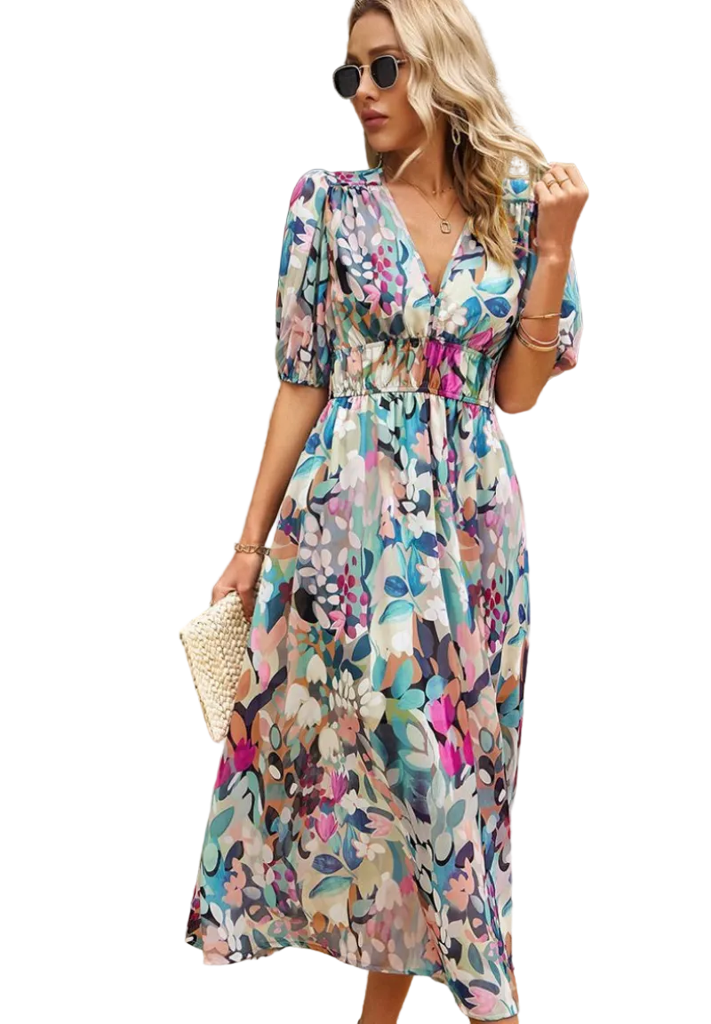 Robe Midi Ceinturée Imprimée Abstraite pour Femme 0