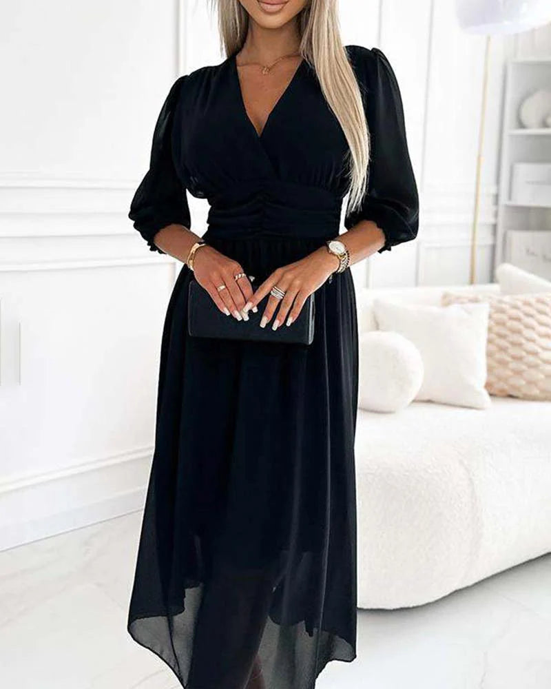 Robe Midi Femme à Manches Longues en Chiffon A-Ligne 2
