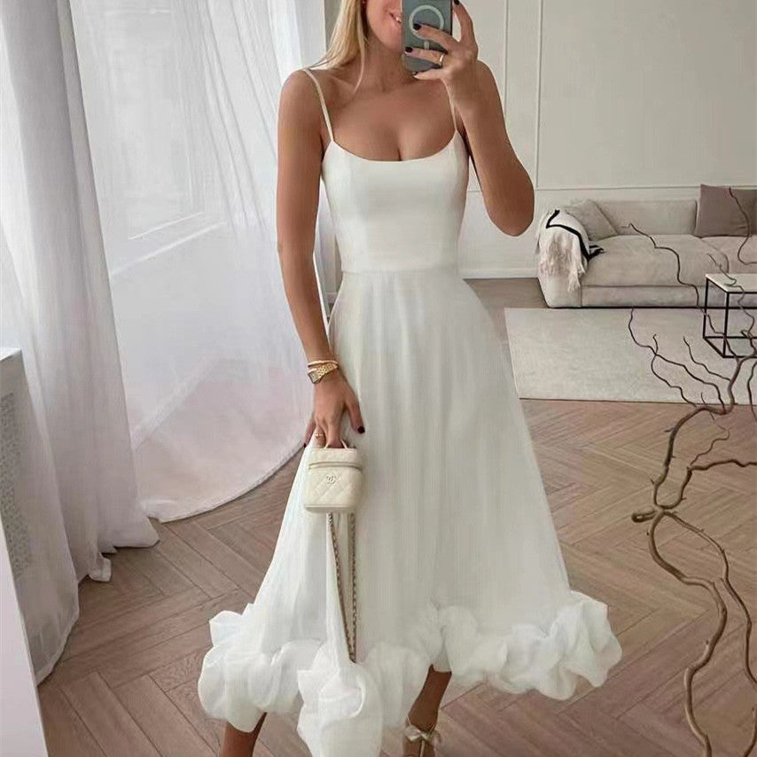 Robe Midi Femme à Volants avec Bretelles Spaghetti 0
