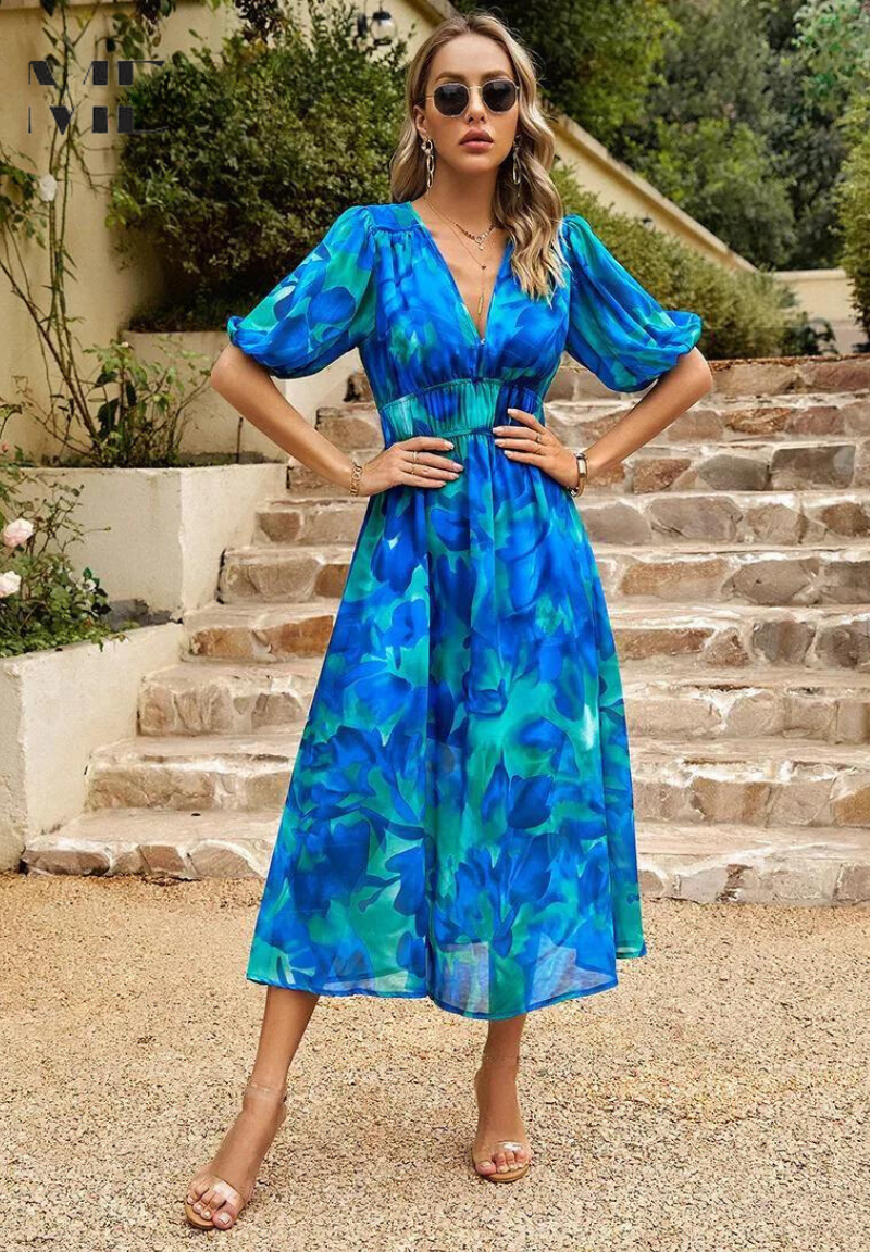 Robe Midi Fleurie à Manches Bouffantes pour Femmes 10
