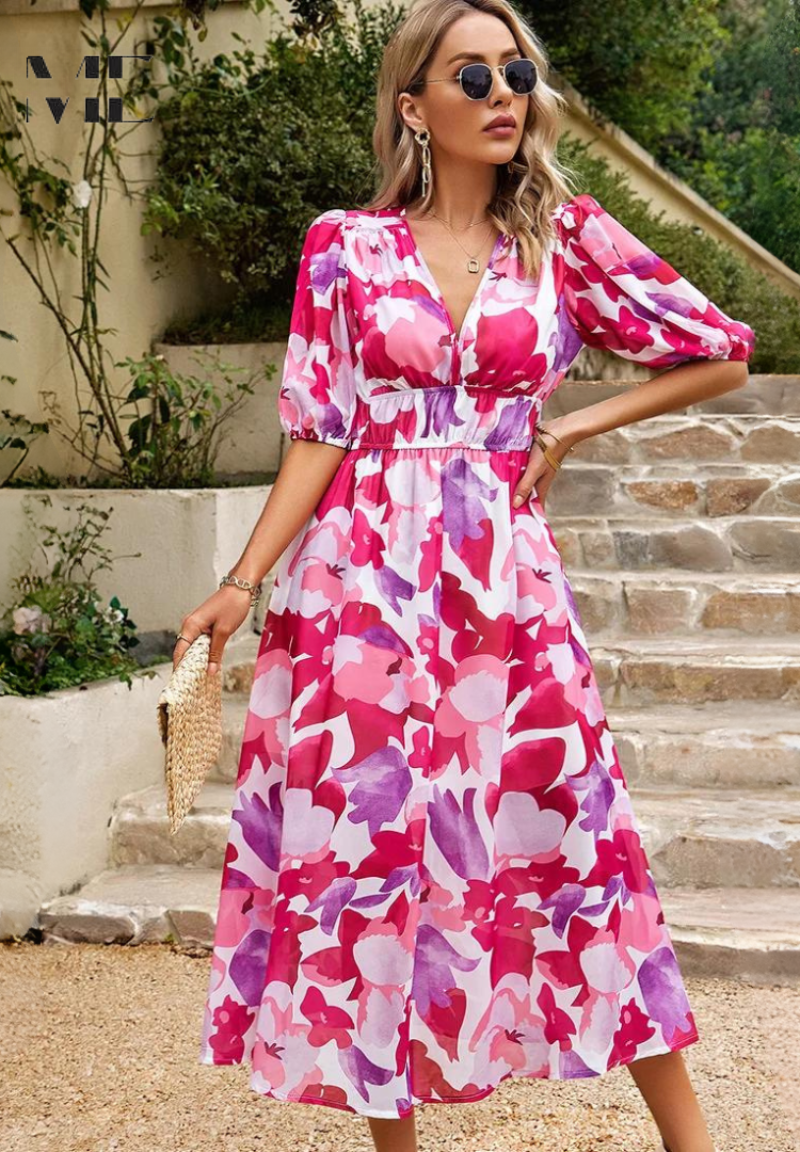 Robe Midi Fleurie à Manches Bouffantes pour Femmes 11