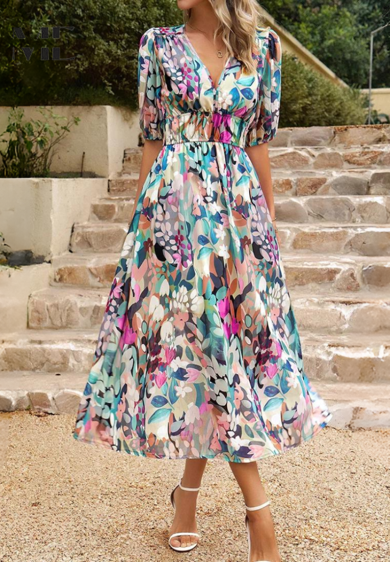 Robe Midi Fleurie à Manches Bouffantes pour Femmes 3