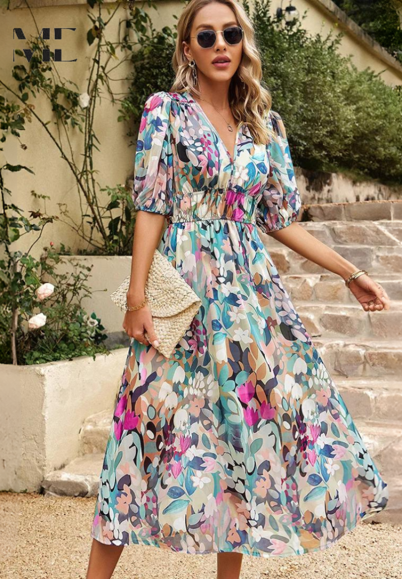 Robe Midi Fleurie à Manches Bouffantes pour Femmes 4