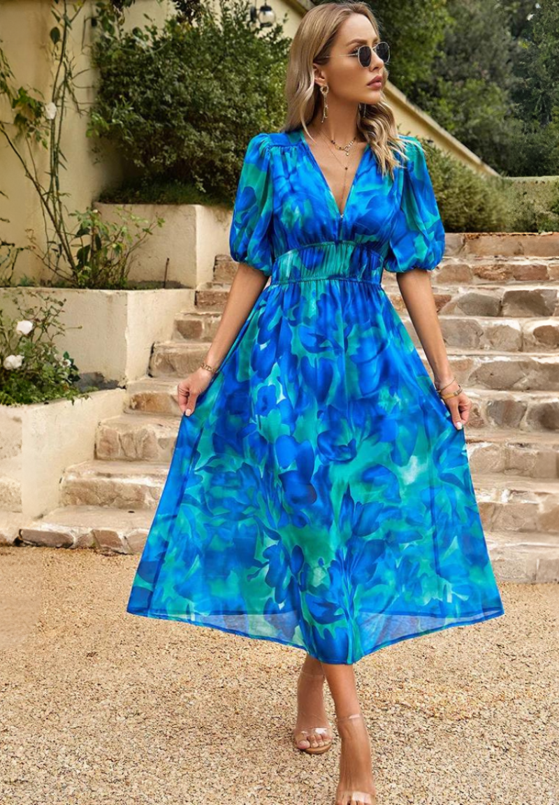 Robe Midi Fleurie à Manches Bouffantes pour Femmes 5