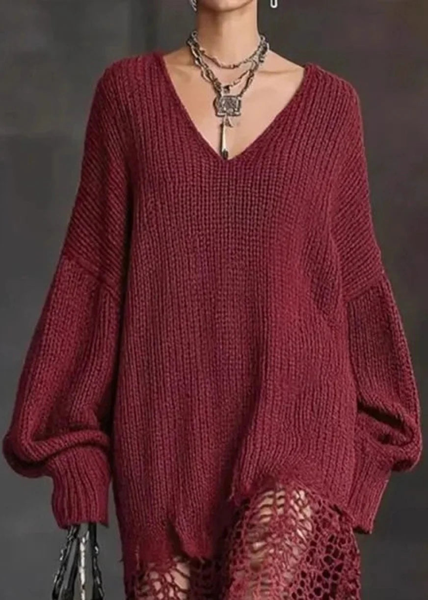 Robe Pull Femme Col V Ourlet Asymétrique Automnal 3