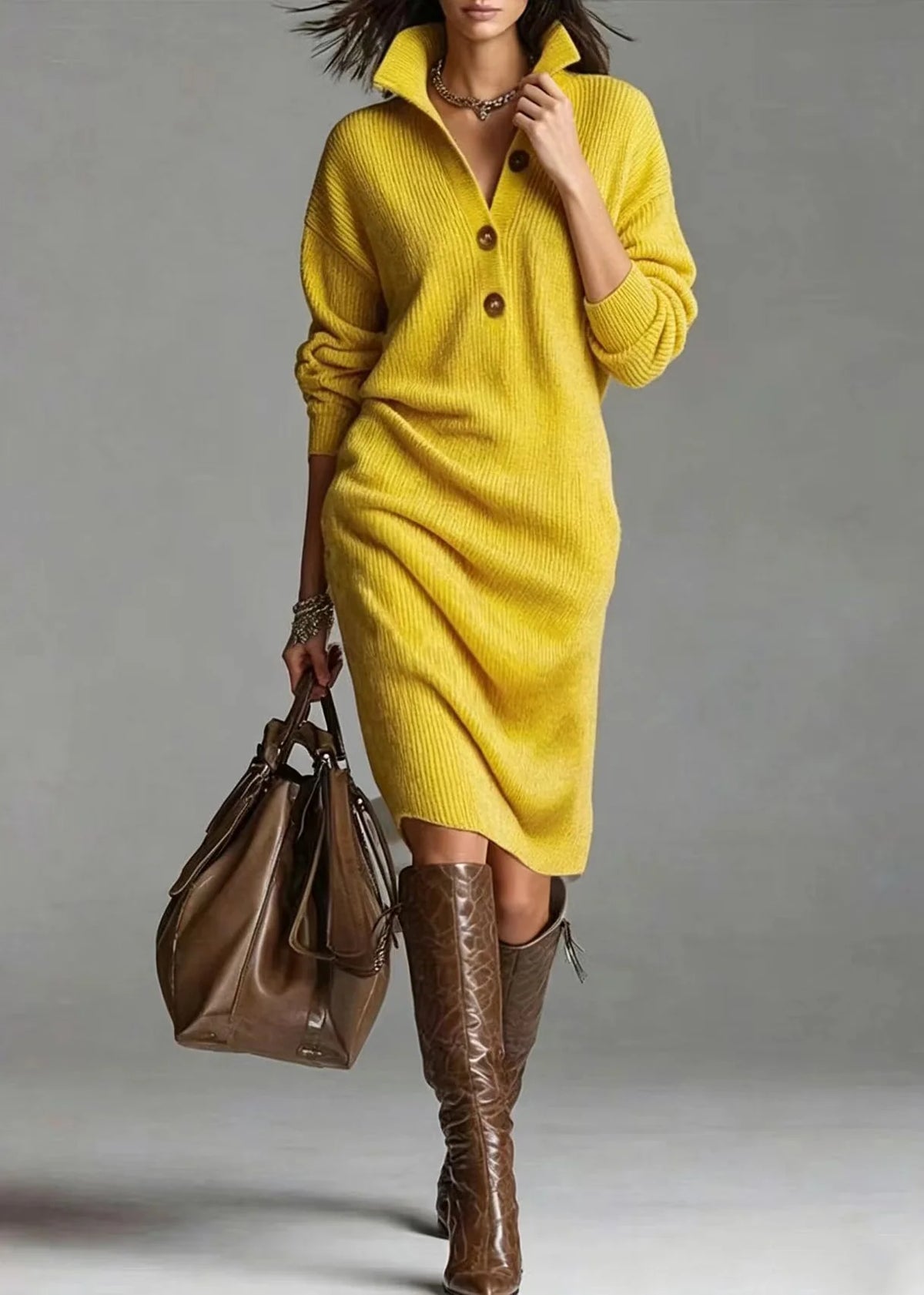 Robe Pull Femme Décontractée Col Boutonné et Rabattu Automne 1