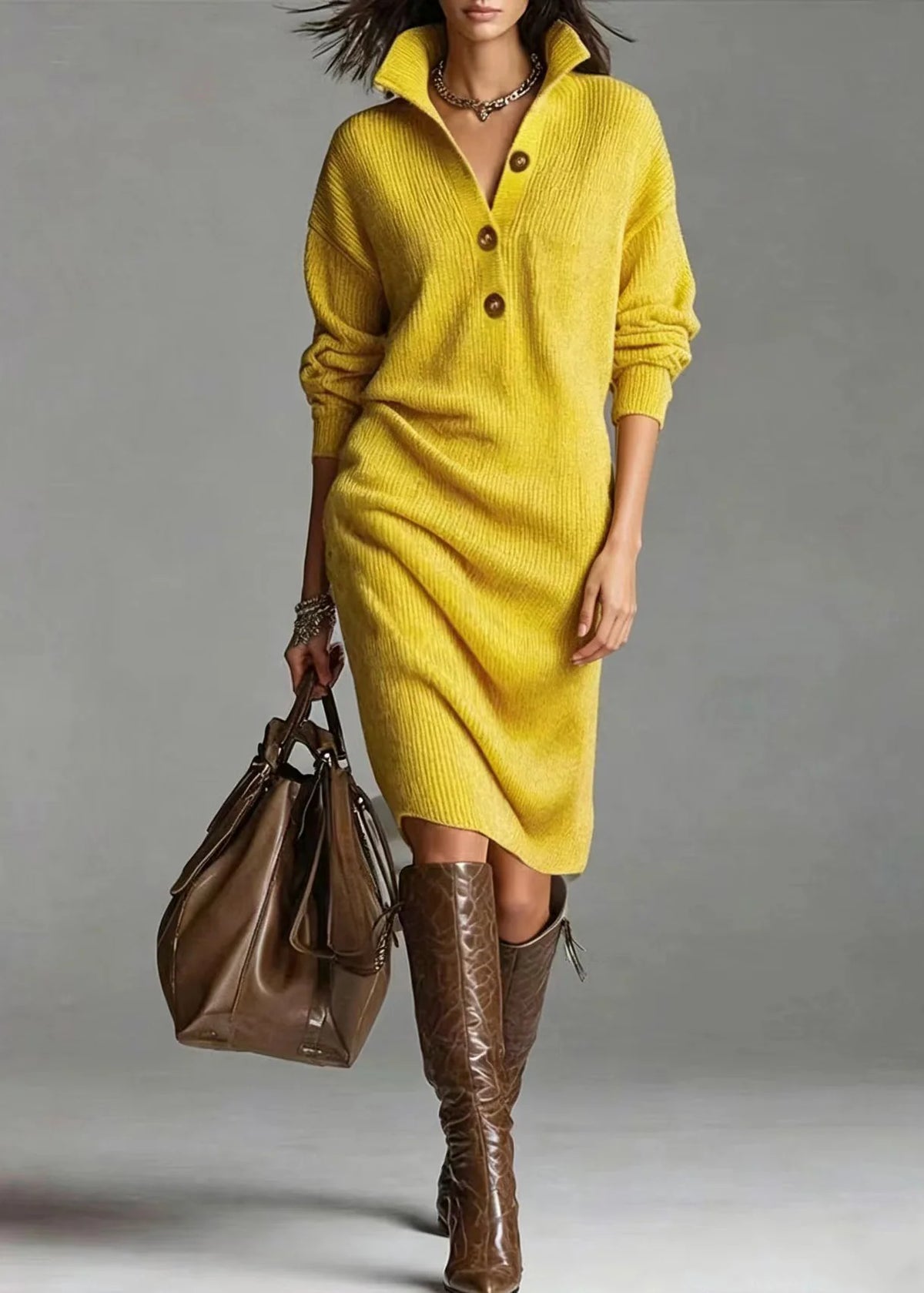 Robe Pull Femme Décontractée Col Boutonné et Rabattu Automne 2