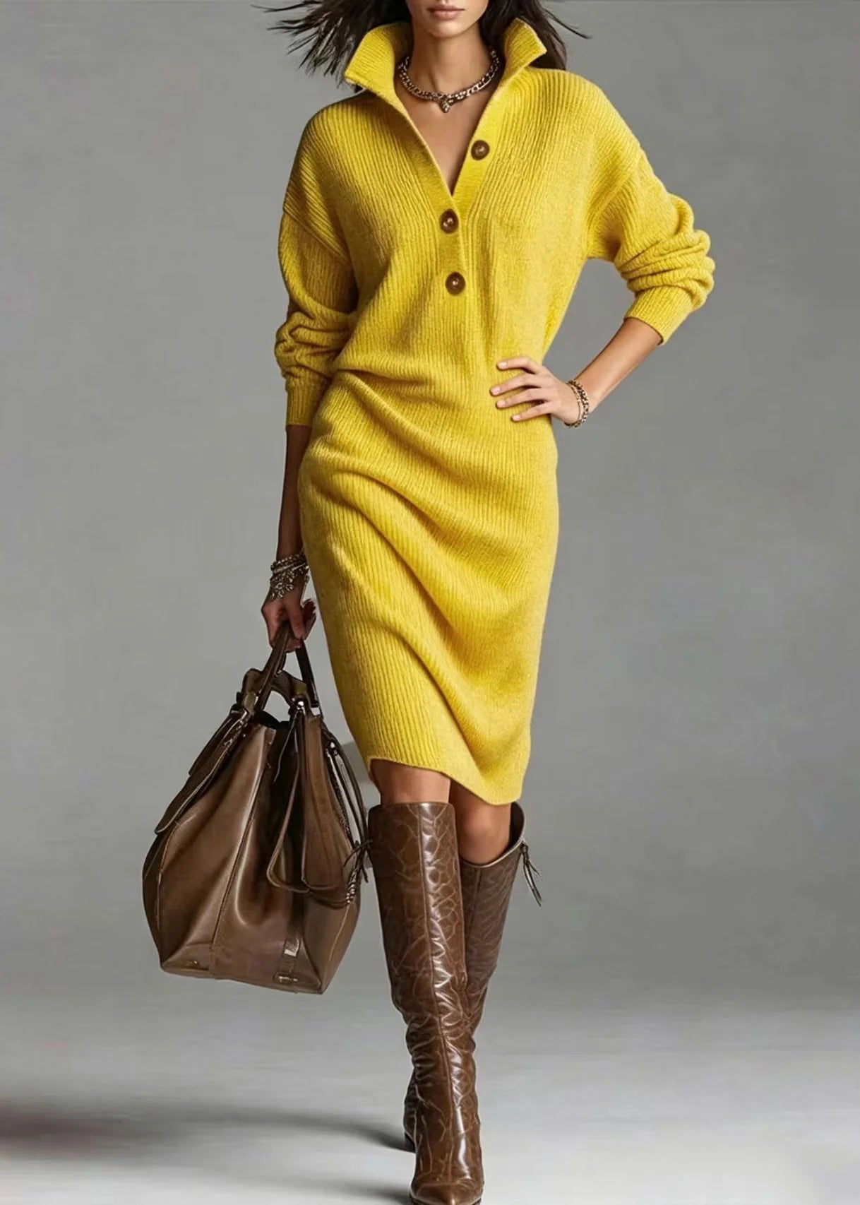 Robe Pull Femme Décontractée Col Boutonné et Rabattu Automne 3