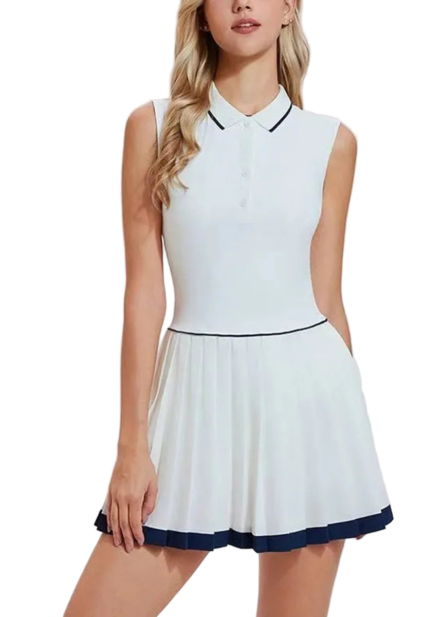 Robe Tennis Femme Col Polo Sans Manches Avec Short Intégré 0