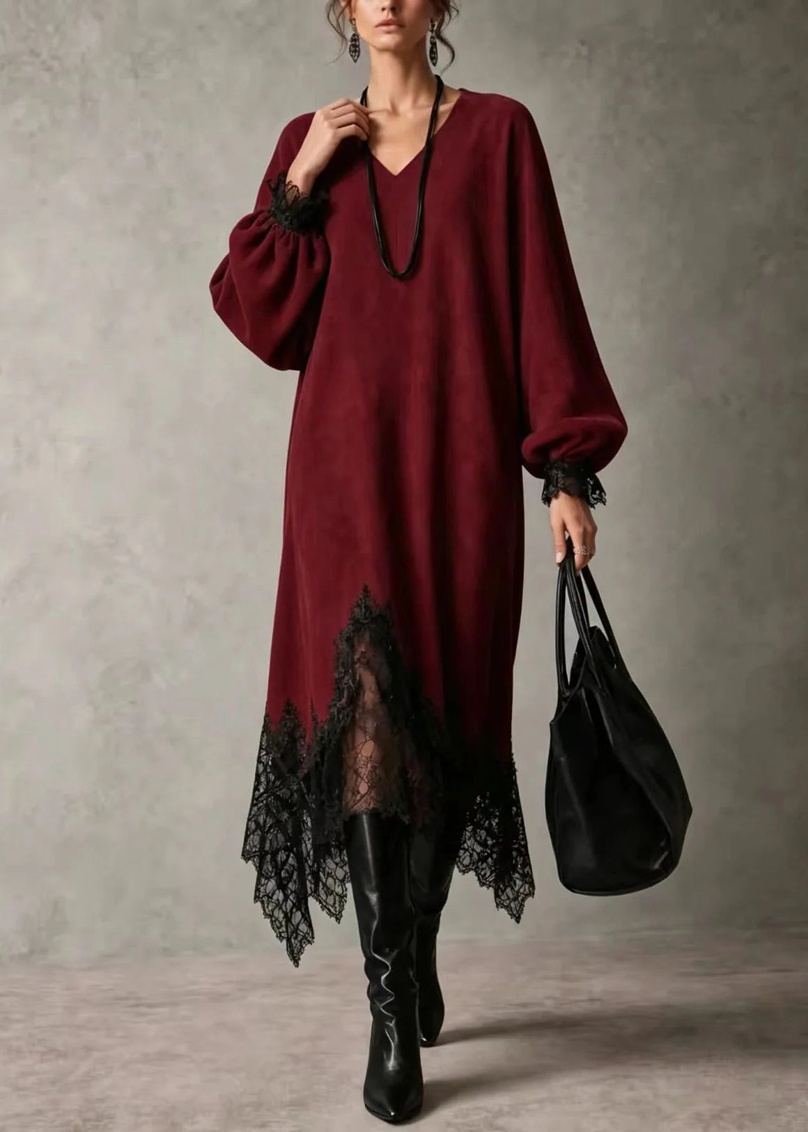 Robe asymétrique pour femme à col V avec patchwork dentelle 1
