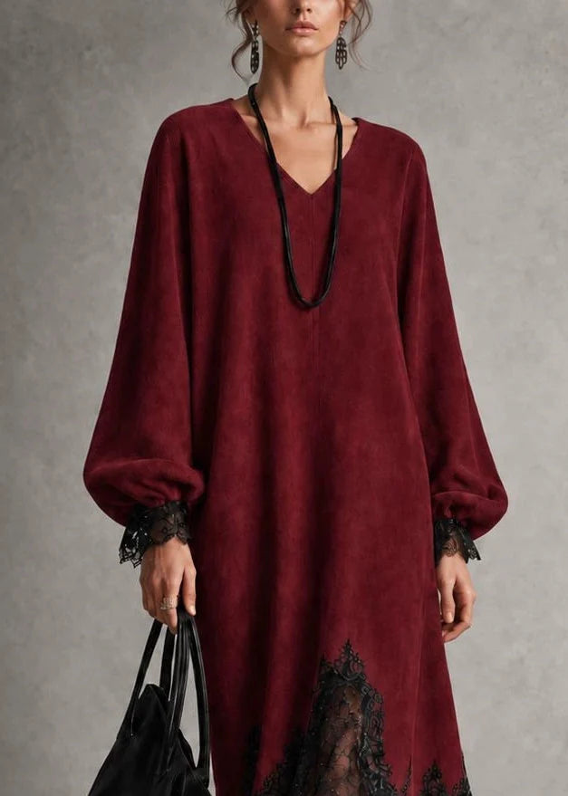 Robe asymétrique pour femme à col V avec patchwork dentelle 2
