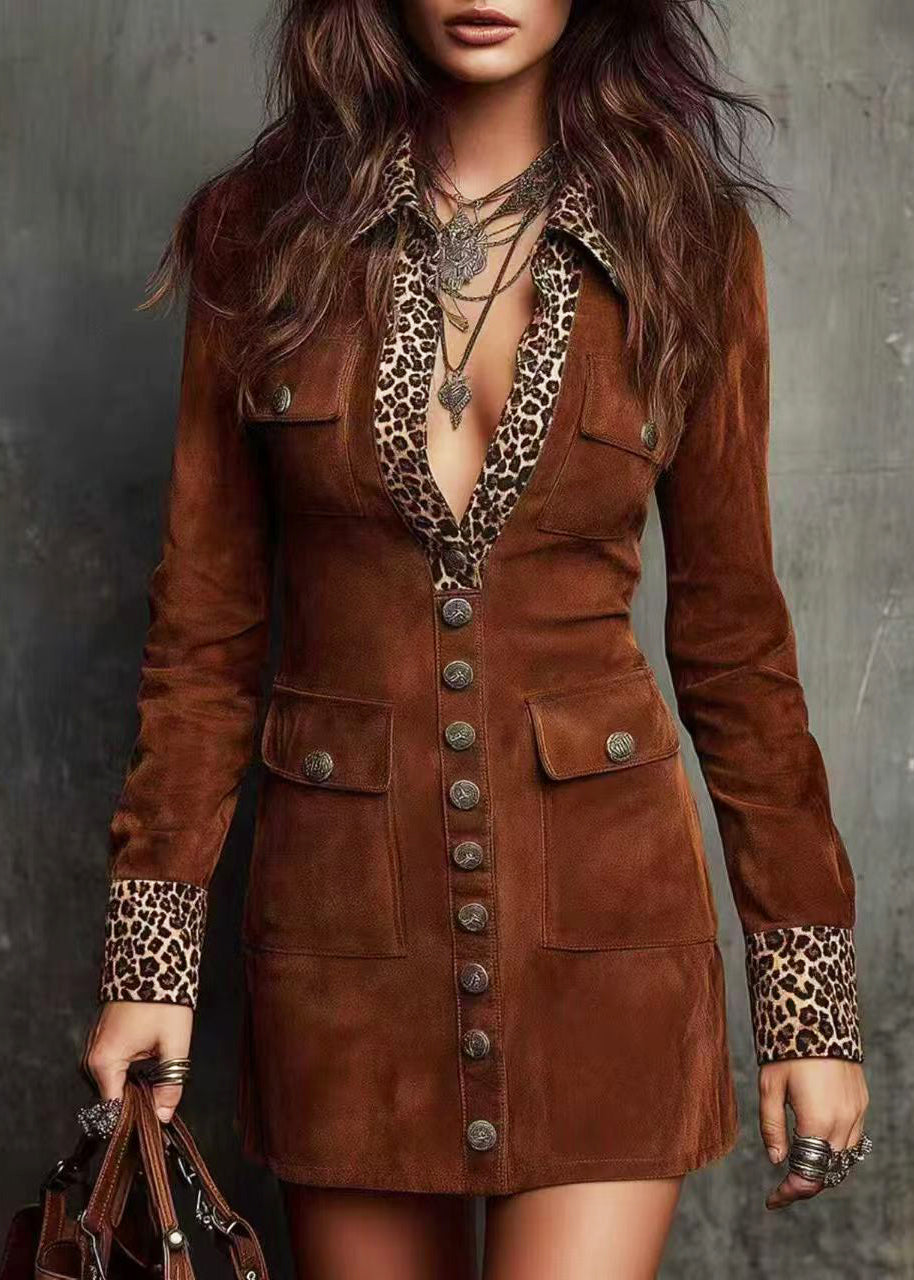 Robe courte femme patchwork léopard col Peter Pan automnale 0