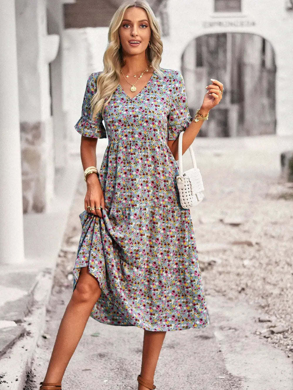 Robe d'été Femme Col en V Imprimé Floral 3