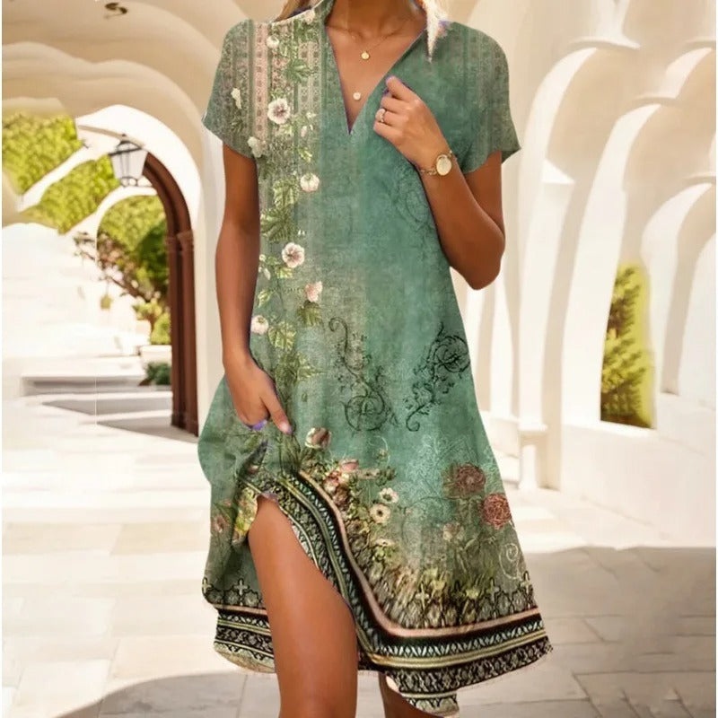 Robe d'été Femme Encolure en V Bohème Imprimé Floral Longue 2