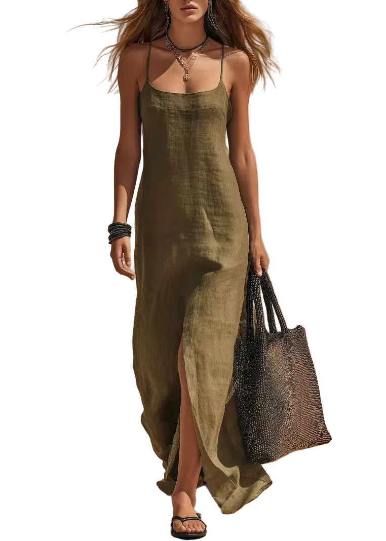 Robe d'été femme à bretelles spaghetti et ouverture latérale 0