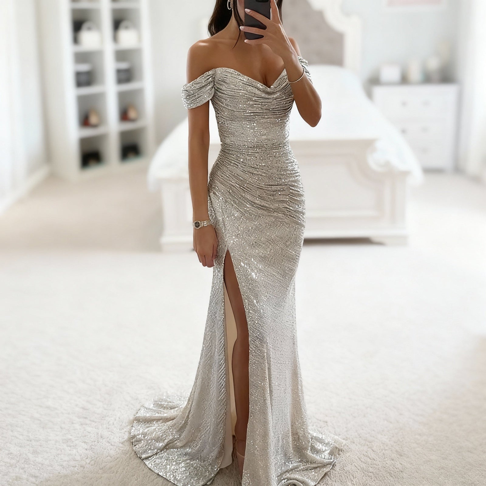 Robe de Soirée Femme Épaules Dénudées avec Sequins 3