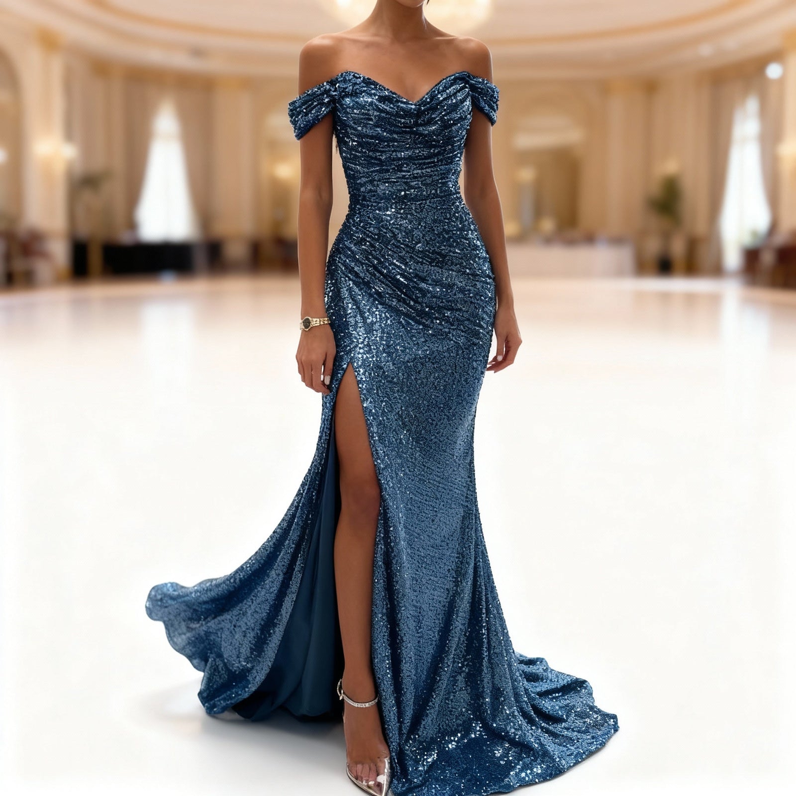 Robe de Soirée Femme Épaules Dénudées avec Sequins 4