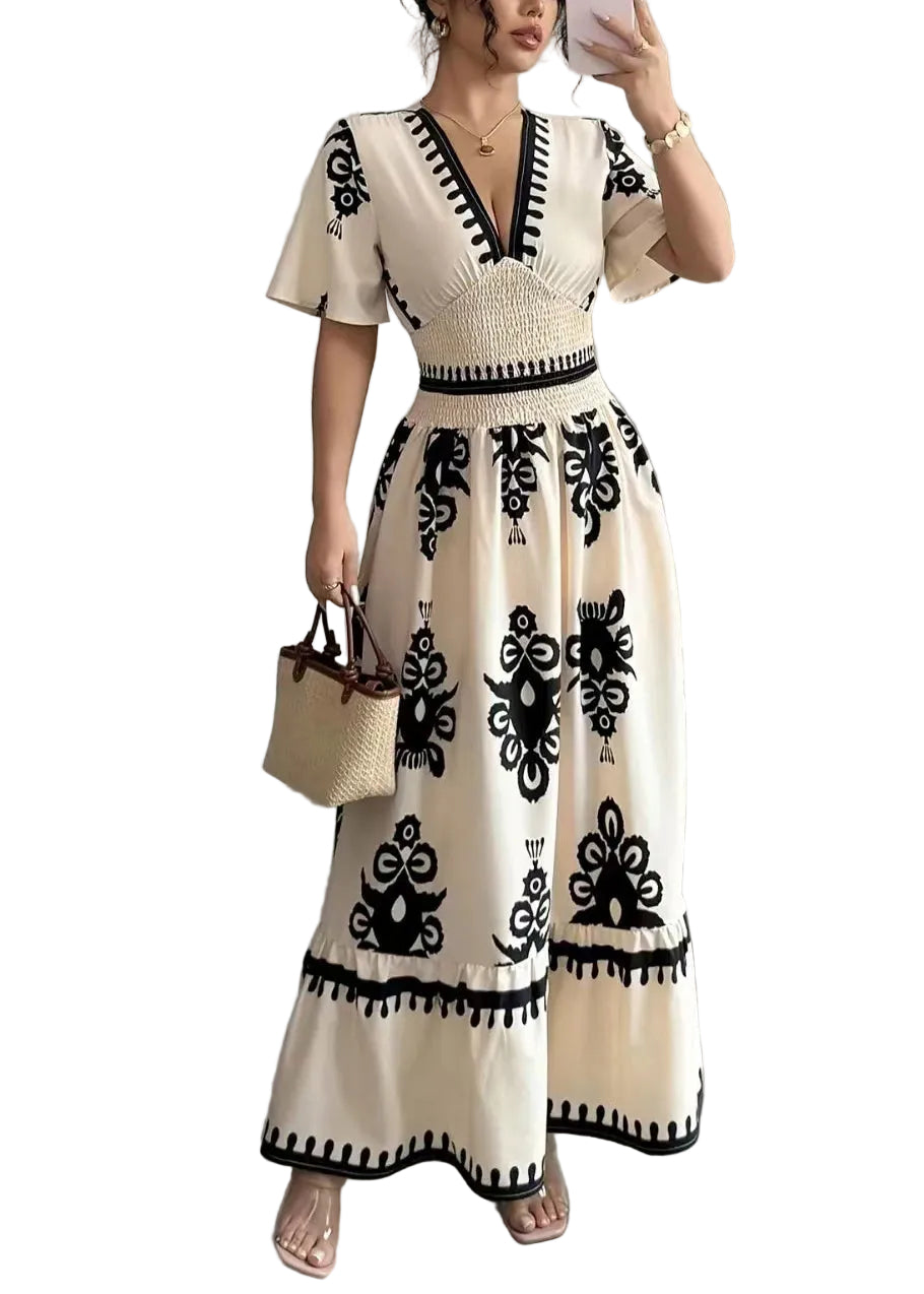 Robe de soirée femme à col en V manches courtes imprimée 0