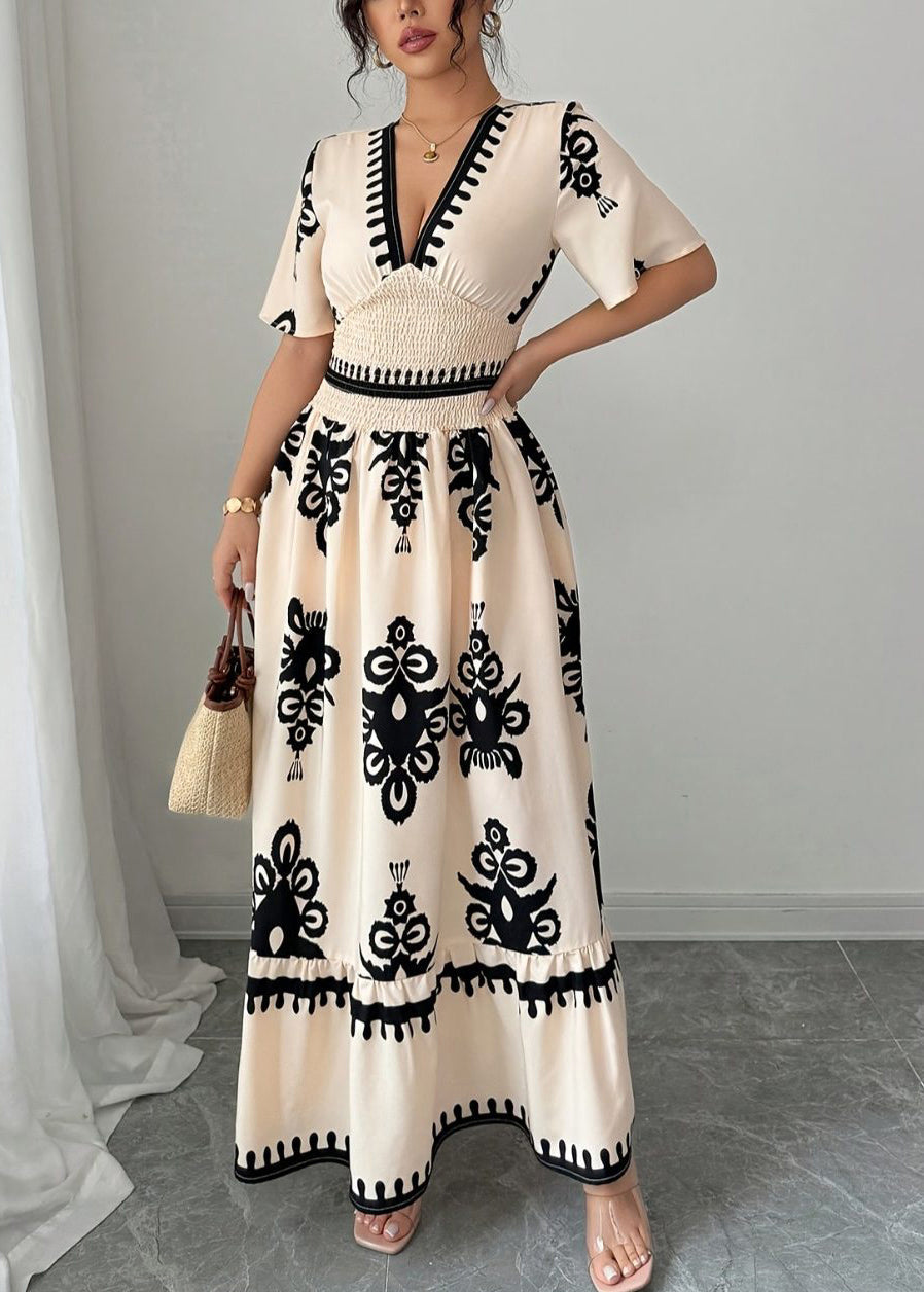Robe de soirée femme à col en V manches courtes imprimée 1