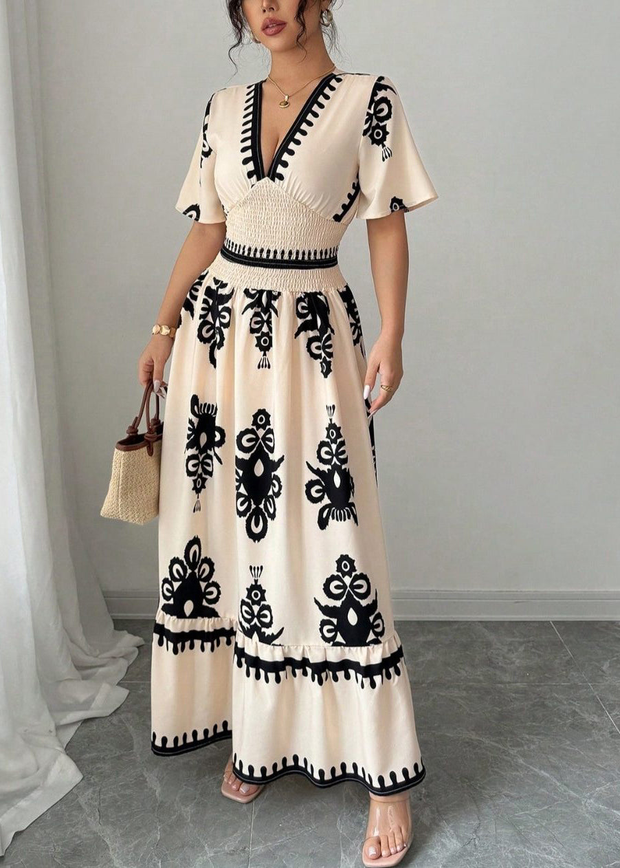 Robe de soirée femme à col en V manches courtes imprimée 2