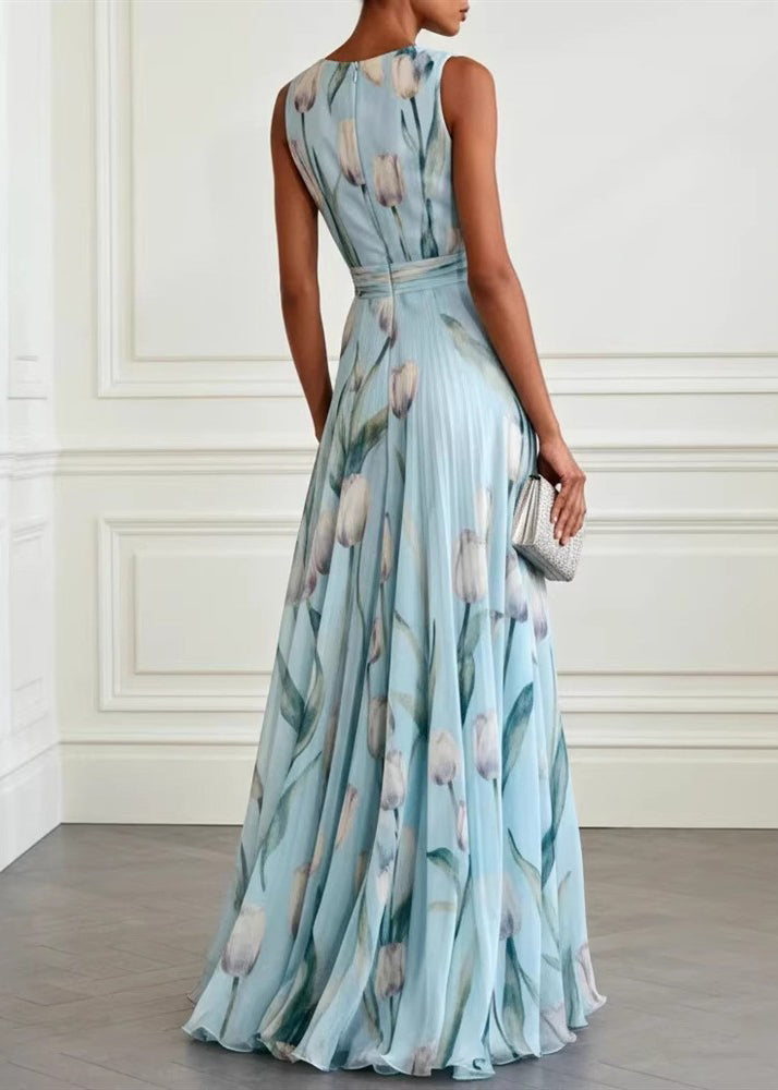 Robe de soirée femme à imprimé bleu et ourlet large 4