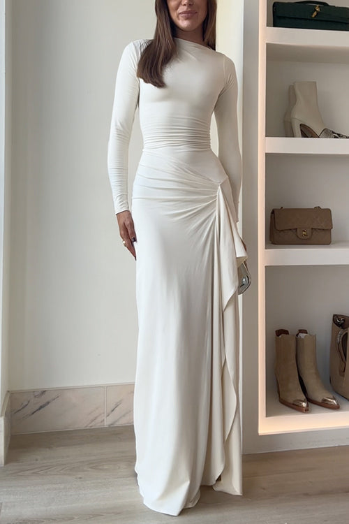 Robe de soirée longue drapée avec fente 0