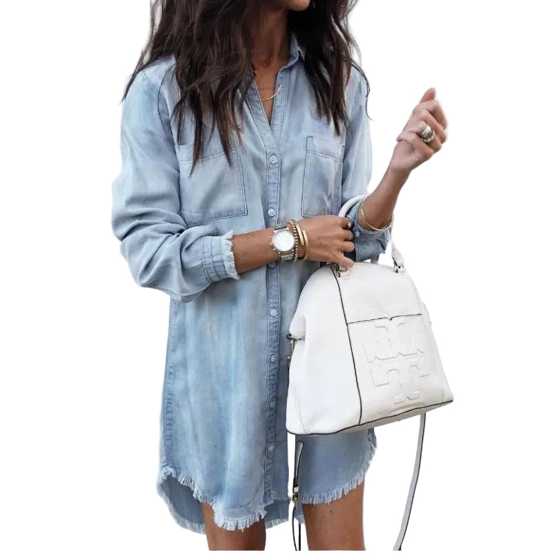 Robe en Jean Femme Classique Mi-Longue avec Poches 0