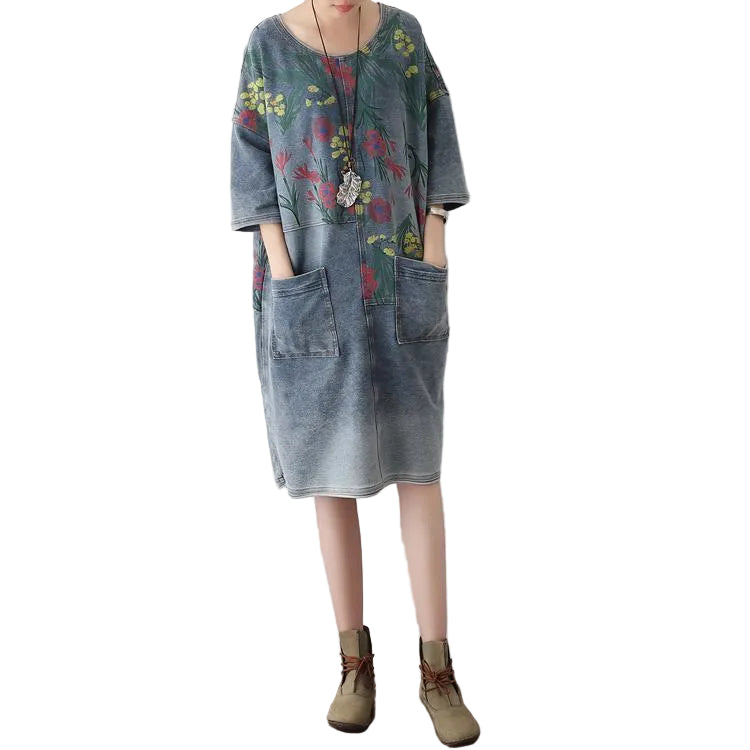 Robe en jean oversize pour femme style décontracté à fleurs 0