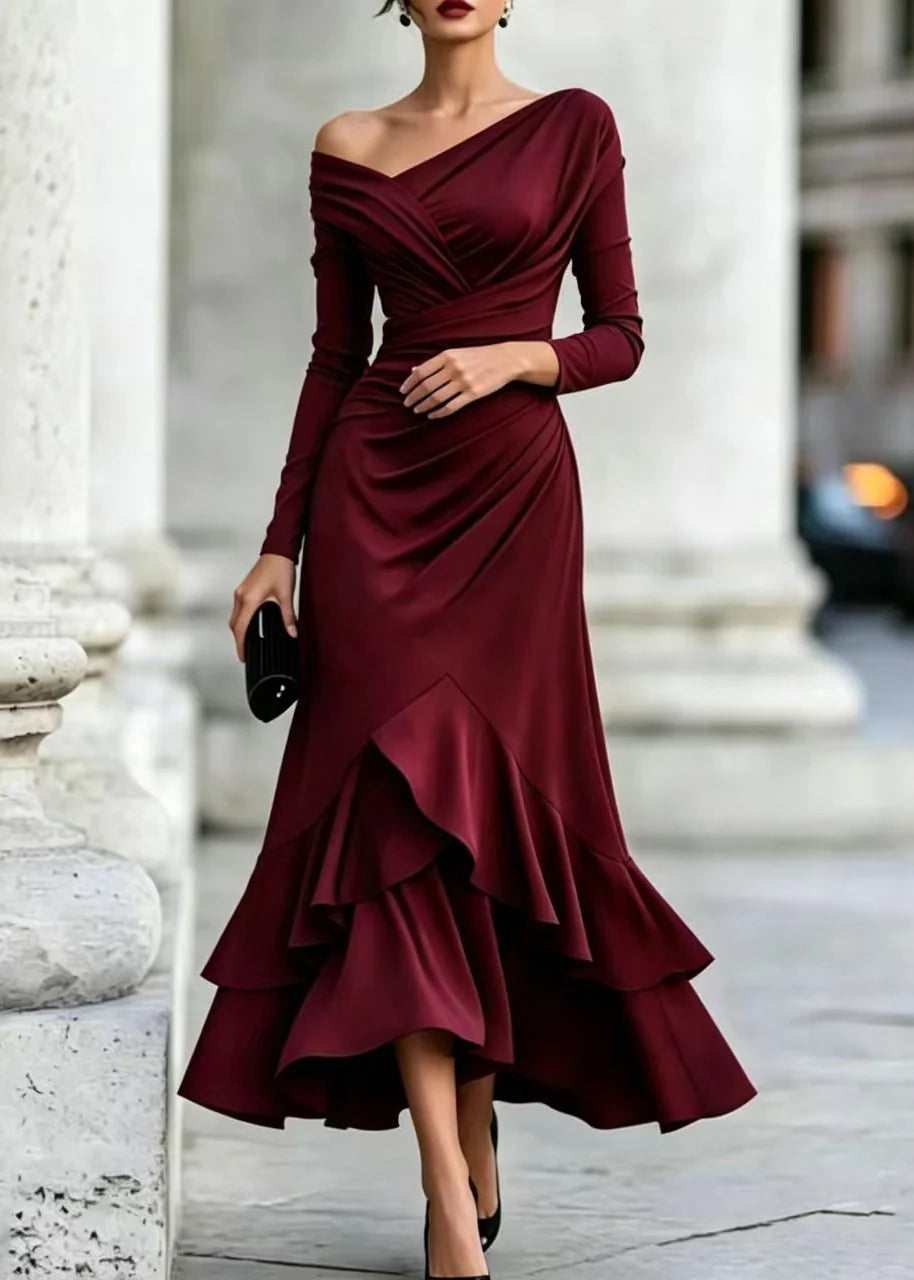 Robe femme à une épaule avec volants superposés 2