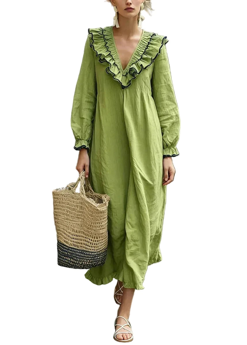 Robe longue femme à col V et manches bouffantes 0